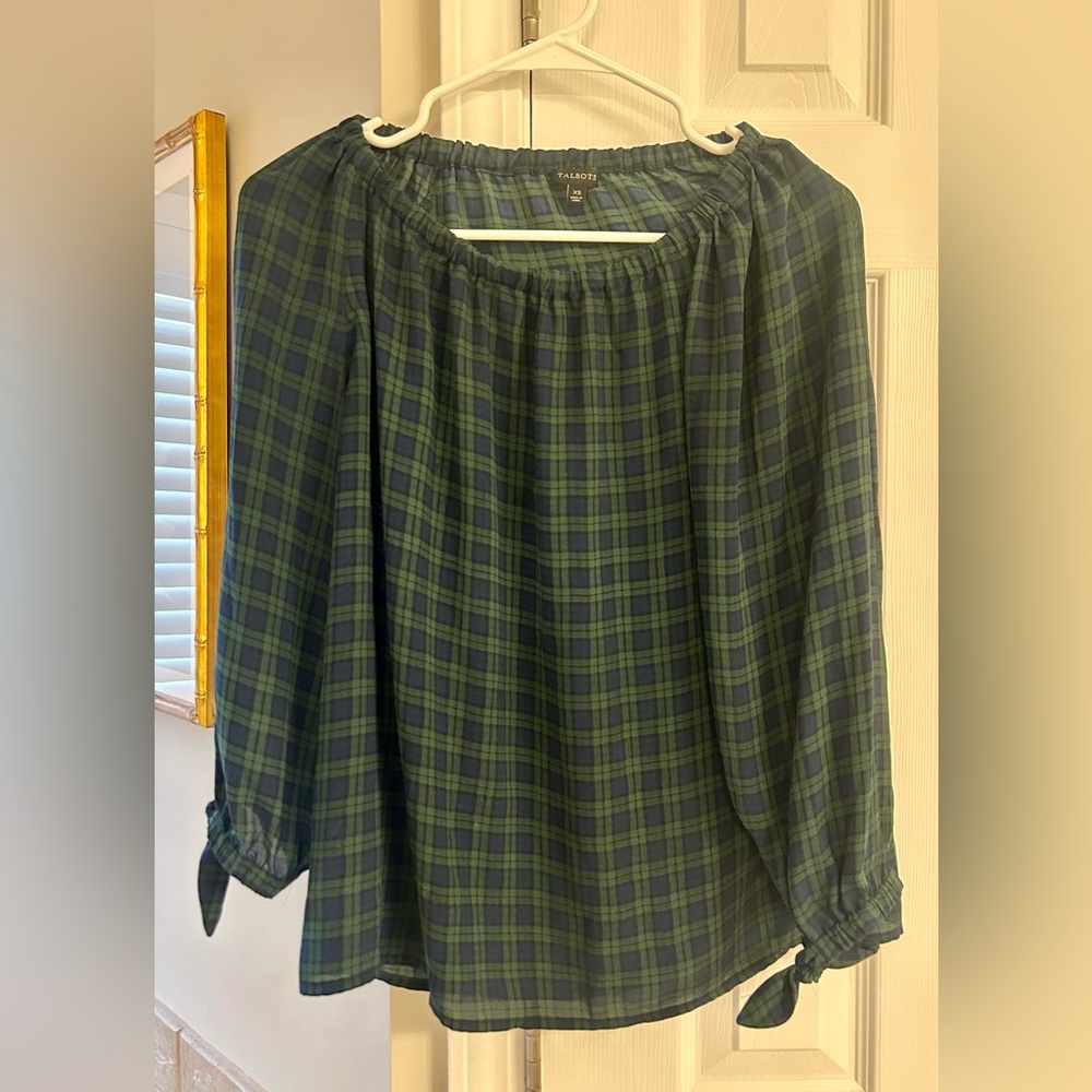Talbots Navy and Green Plaid Blouse
